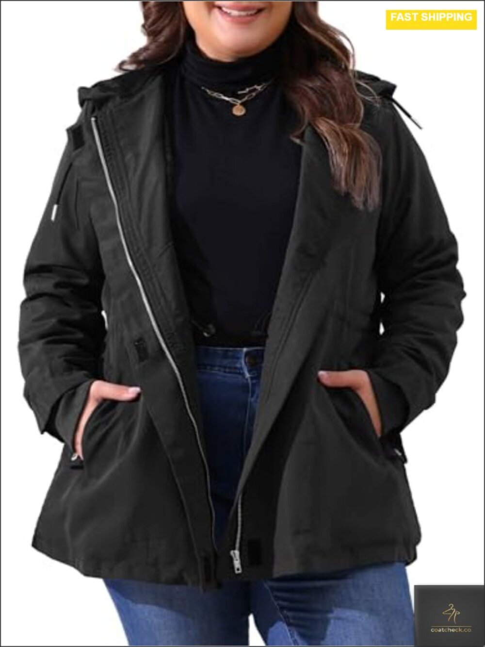 Plus Size Rain Jacket Lightweight Waterproof Fleece Lined Hooded Windbreaker